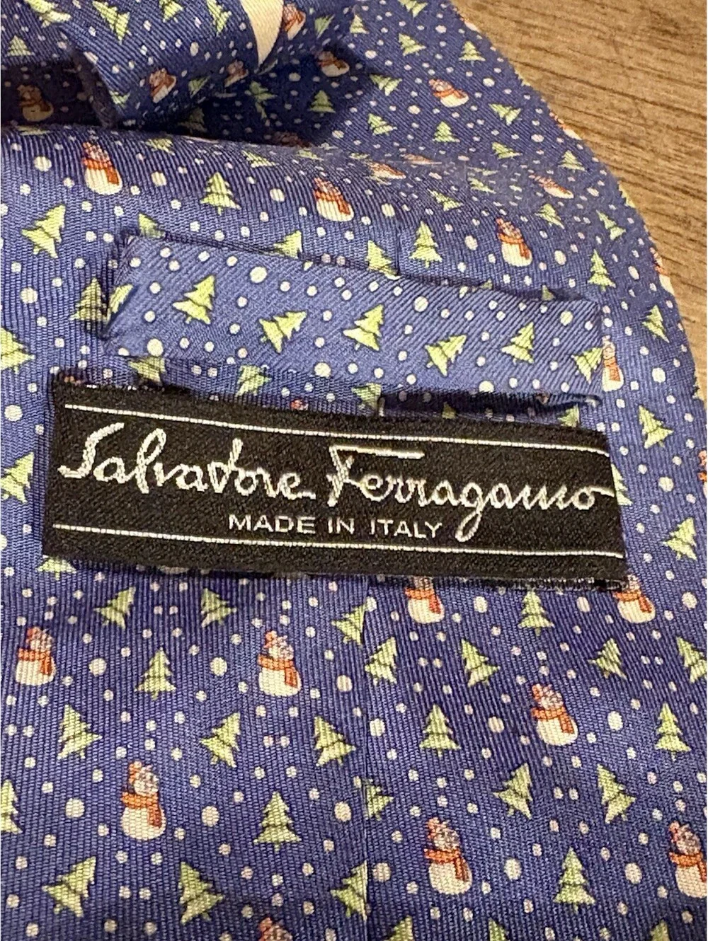 Salvatore Ferragamo Silk Christmas Tie Made In Italy Blue Snowmen Trees